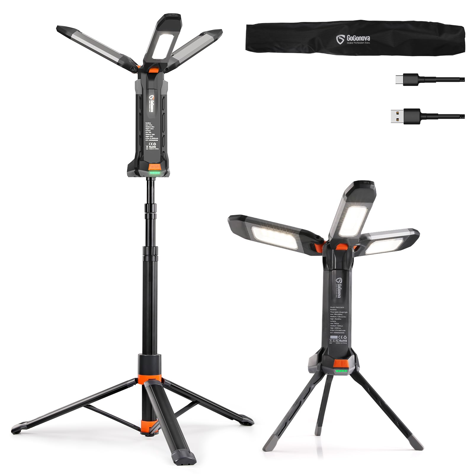 gogonova 2026 Rechargeable Work Light with Stand, 4 in 1 Cordless Camping Light, 700/1200/2200 Lumens, 4000/6500K Dimmable LED Work Lamp with Detachable Tripod（Grey） Image