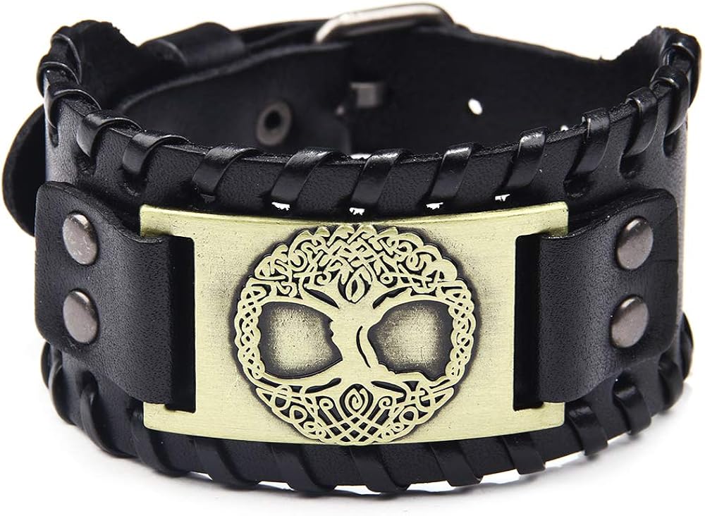 Genuine Leather Wide Wristband Tree of Life Fashion Design Bangle Bracelet Cuff for boy and Men, Black