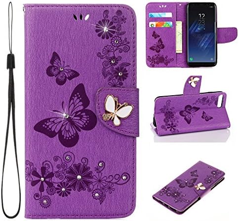 Galaxy S8 Plus Case,Samsung S8+ Wallet Case Flip PU Leather [Kickstand] Embossed Fashion Floral Butterfly Card Holders Folio Magnetic Protective Cover With Wrist Strap For Galaxy S8 Plus(Purple-Bling)