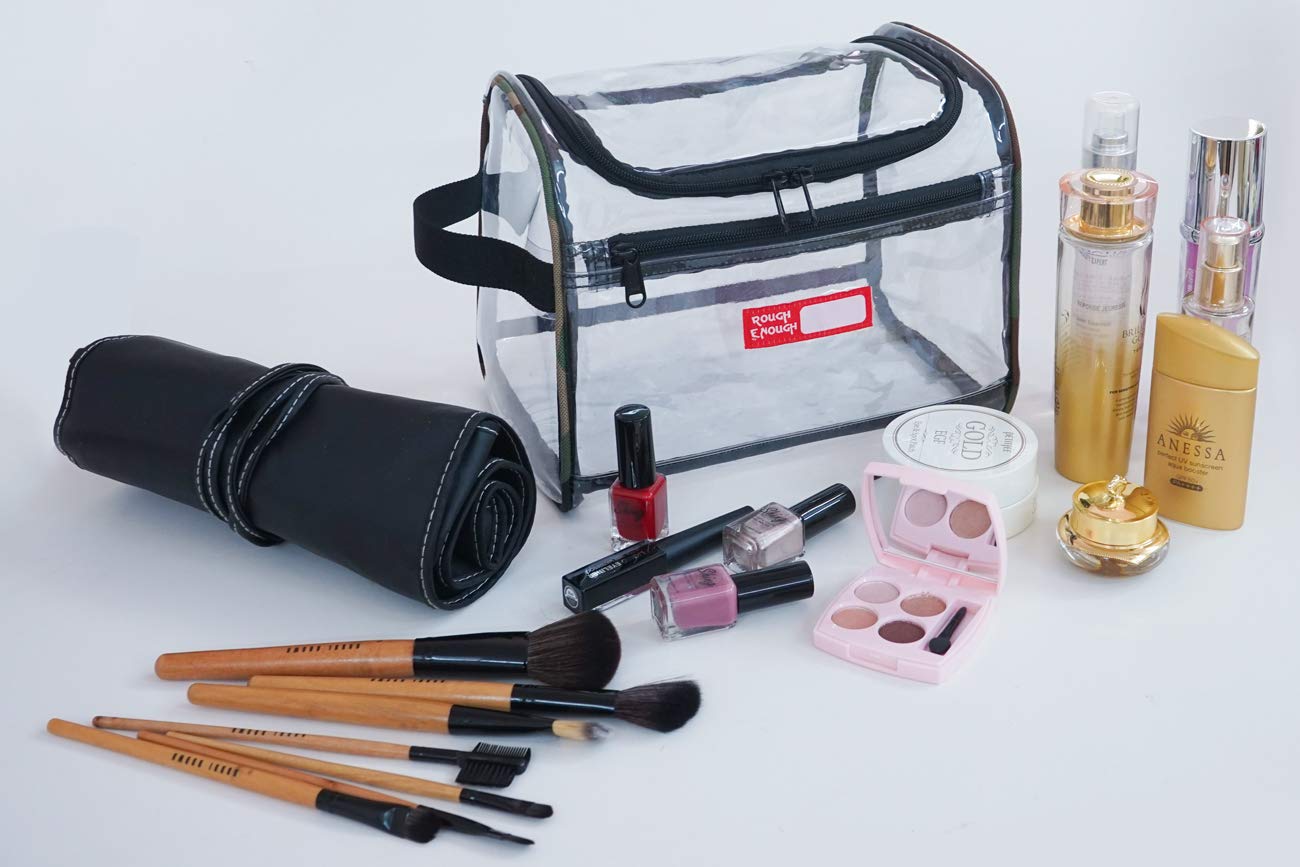 Rough Enough Large Clear Toiletry Bag Cosmetic Travel Makeup Organizer Wash Bags Pouch Luggage Dopp Kit Box Set with Zipper for Travel Accessories Essentials Trip Airport Big Shampoo Brush