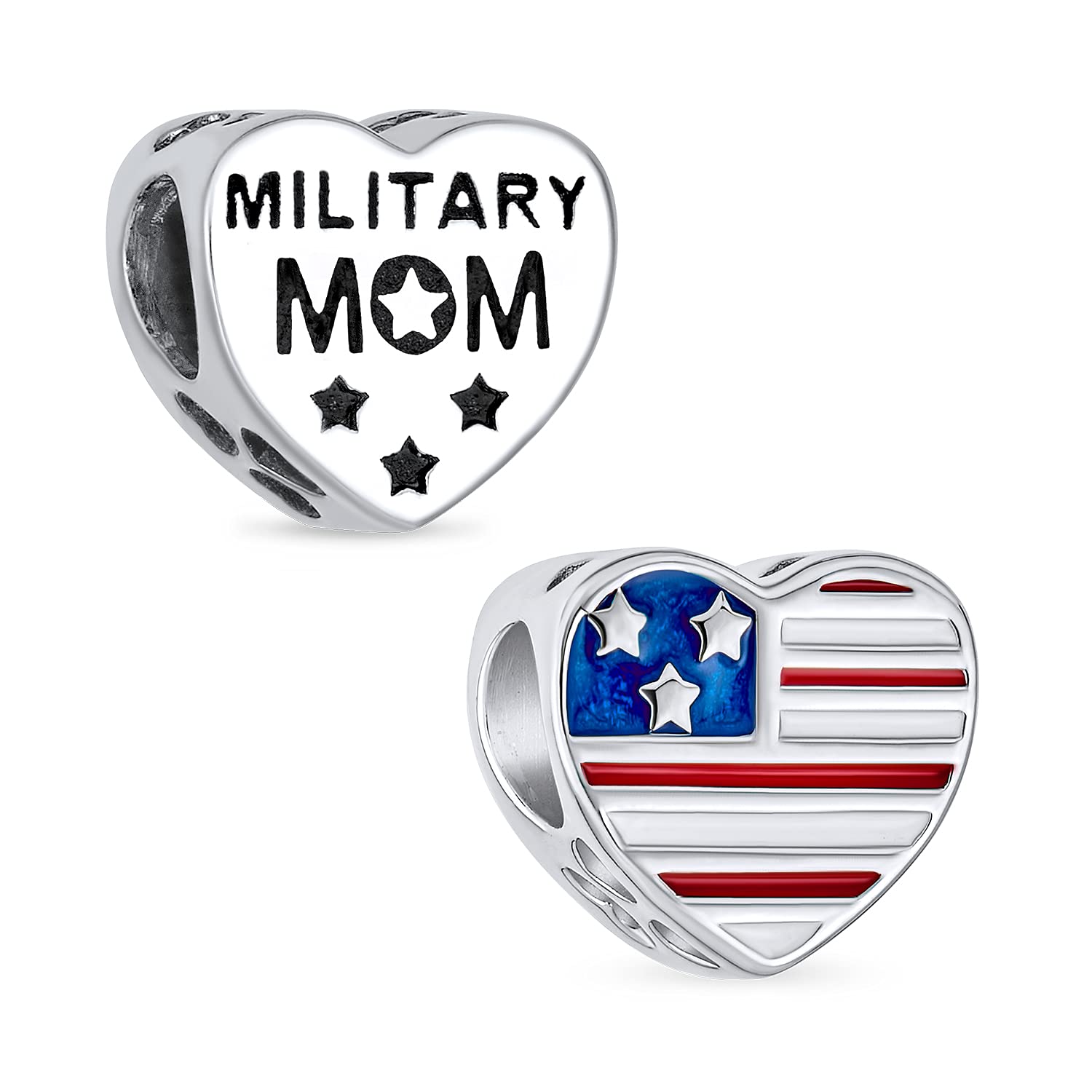 Bling Jewelry Heart Shape American Patriotic USA Flag Words Military Mom Charm Bead For Women Wife .925 Sterling Silver Fits European Charm Bracelet