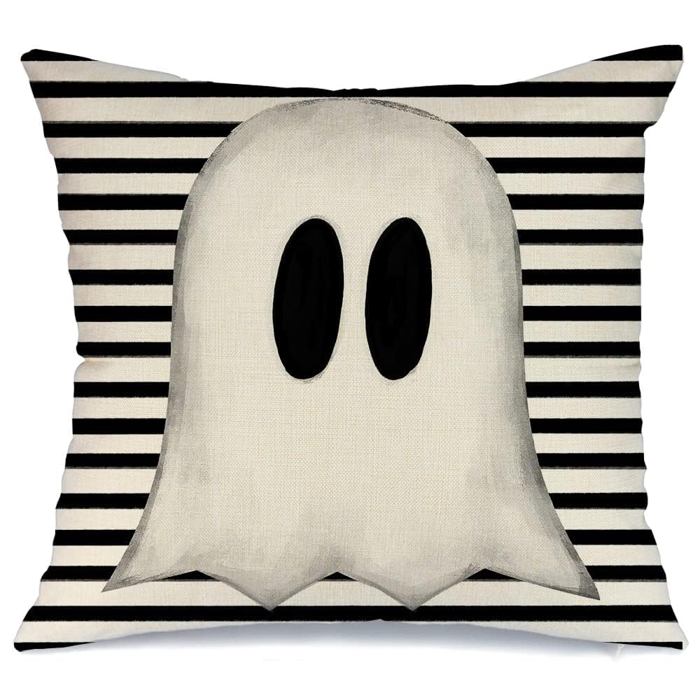 Photo 1 of AACORS Halloween Throw Pillow Cover 18X18 Inch White Ghost Striped Decorations Holiday Farmhouse Cushion Case for Home Sofa Couch Decor AA012-18