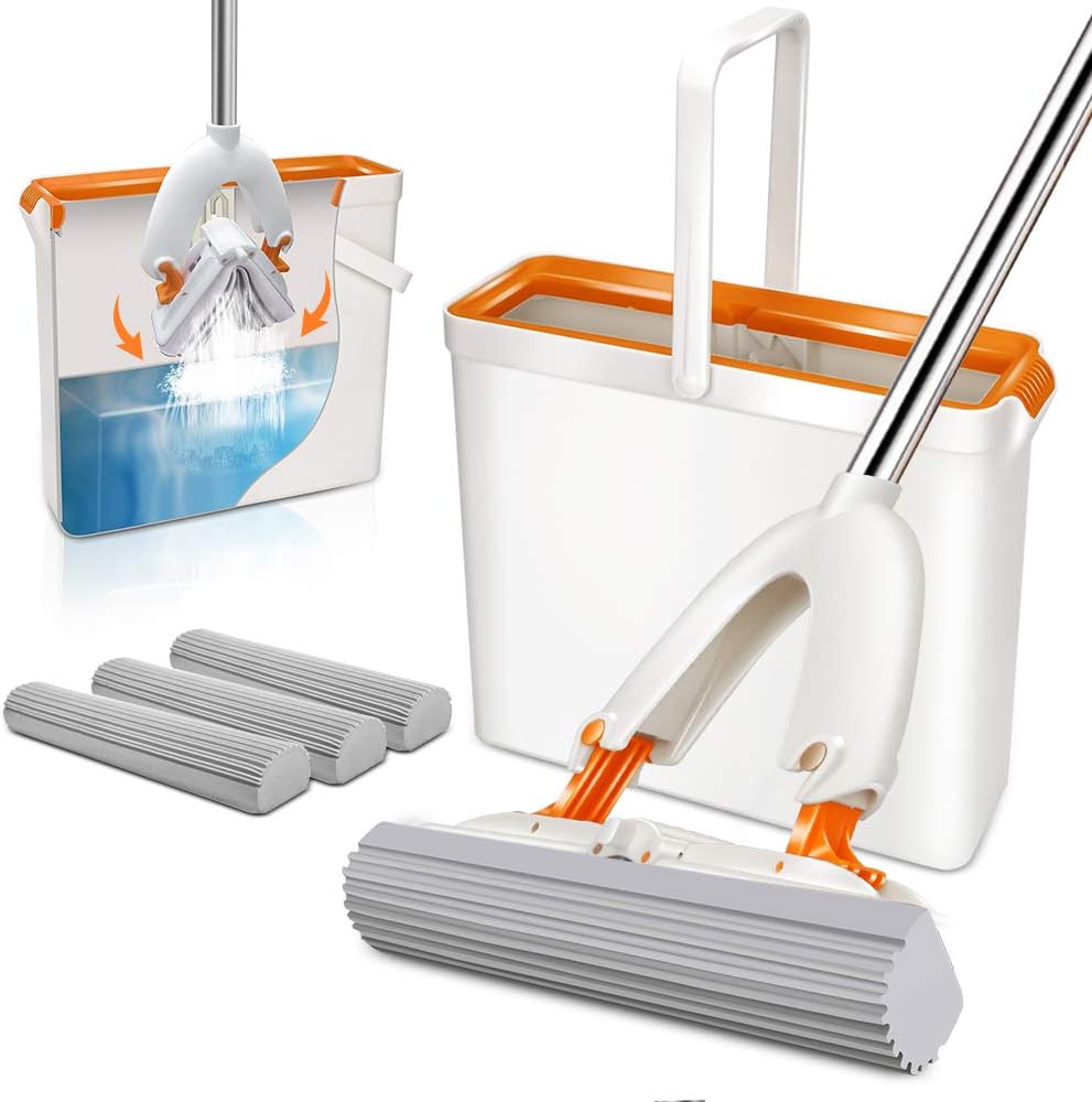 Mop and Bucket Set with 3 Sponge Mop Head Super Absorbent Sponge Mop