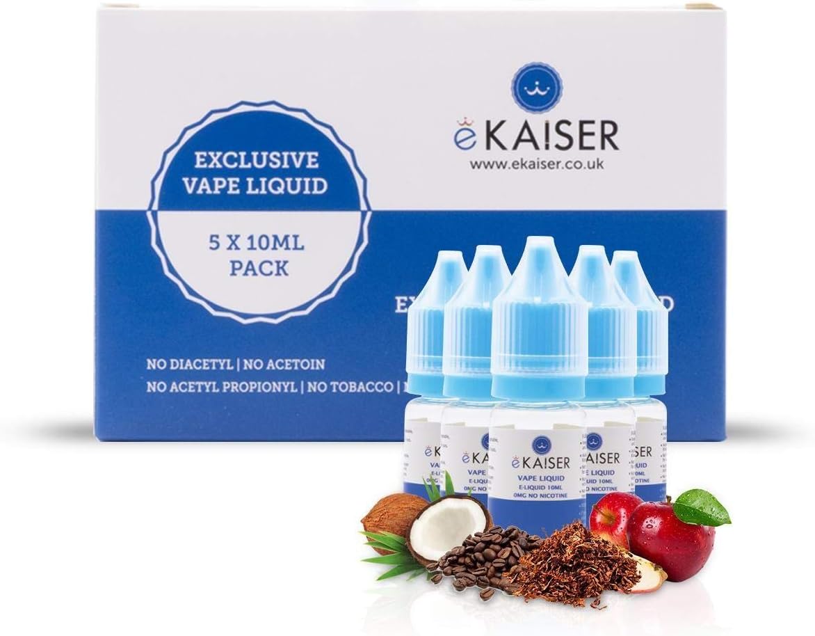 eKaiser 5 Pack Eliquid Tobacco Coffee Flavours 5 x 10ml Bottles of 0mg E-Liquid Nicotine Free eJuice for e-Cigarettes and Eshisa