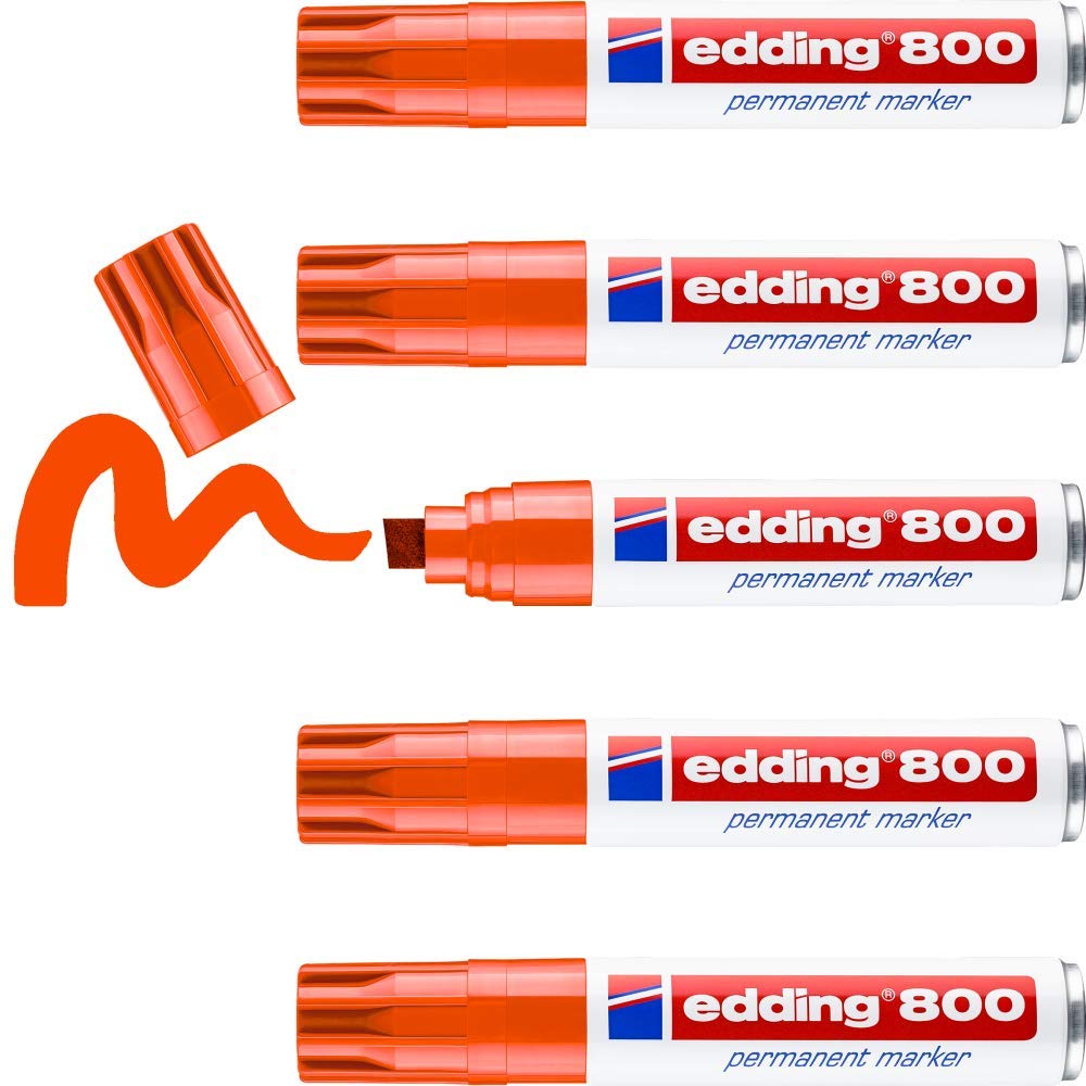 edding 800 permanent marker - orange - 5 pens - chisel tip 4-12 mm - for bold markings - waterproof, quick-drying, smear-proof pens - for cardboard, plastic, wood, metal, glass and fabric