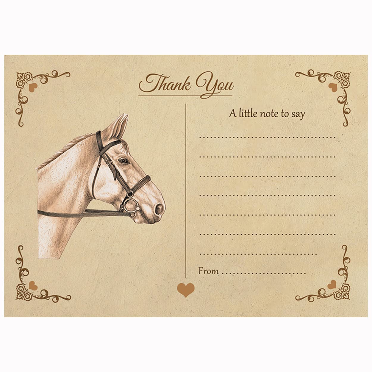 Artstore Vintage Horse Thank You Note Cards With Brown Kraft Envelopes - Pack of 15
