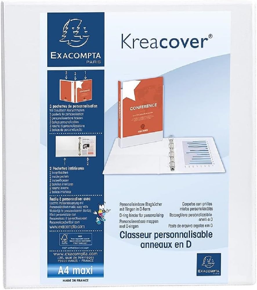 Exacompta - ref. 51844E - 1 customizable rigid opaque binder with 3 pockets - 4 D-rings of 50 mm - Spine 75 mm - External dimensions: 32 x 29.5 cm - Format to be filed A4 Maxi - Colour: white — image 1