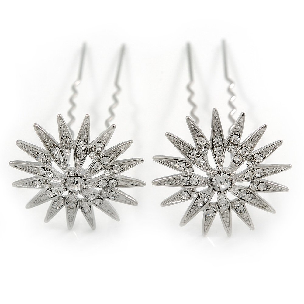 Bridal/Wedding/Prom/Party Set Of 2 Rhodium Plated Clear Austrian Crystal Star Hair Pins