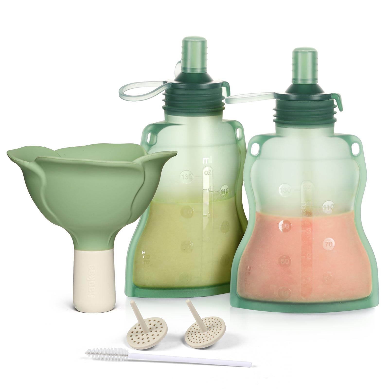 Photo 1 of haakaa Fill & Go Yummy Pouch ? Flower Funnel Combo - Pea Green Pouch (2pcs) + Spring Green Funnel