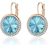 Round Austrian Crystal Halo Drop Leverback Earrings for Women 14K Gold Plated Hypoallergenic Earrings