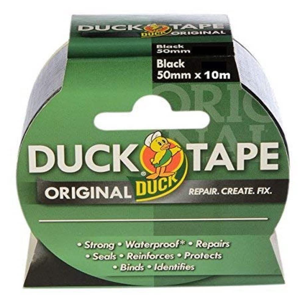 Duck Tape Original Black, 50mm x 10m. The original high strength waterproof gaffer and duct adhesive cloth repair tape