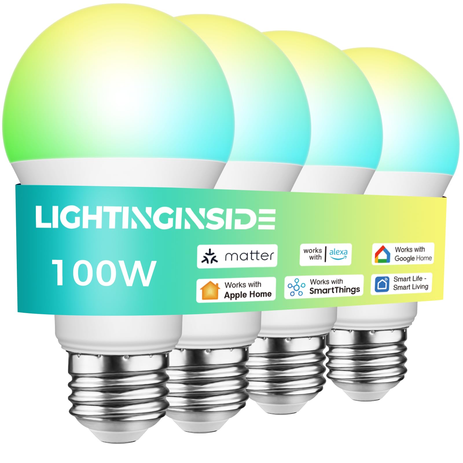 Photo 1 of Lightinginside Matter Smart Light Bulbs 100W Equiv, Compatible with Alexa/Apple Home/Siri/Google Home/SmartThings, A19 E26 WiFi RGBCW Color Changing Light Bulb, 11W 1350LM, 2.4G WiFi, ETL Listed, 4PCS