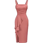 Miusol Women's Sexy Square Neck Sleeveless Ruffle Split Formal Cocktail Pencil Dress