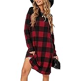PALINDA Women's Long Sleeve Red Buffalo Plaid Dress Loose Keen Length Christmas Tunic Dress