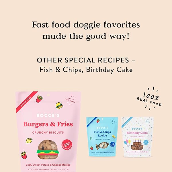 BOCCE’S BAKERY – LIMITED EDITION WHEAT-FREE DOG TREATS, BURGERS & FRIES BISCUITS, 5 OZ