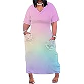 SUZONANA Women Casual T-Shirt Dress V Neck Short Sleeve Solid Color Oversize Dress with Front Two Pockets