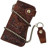 JSBWSFA Genuine Leather Rfid Blocking Long Wallets, Chain Wallet Vintage Long Bifold Wallet Checkbook Wallet Cowboy Wallet for Coin Checks Id Window Mobile Phone Travel (Tiger)