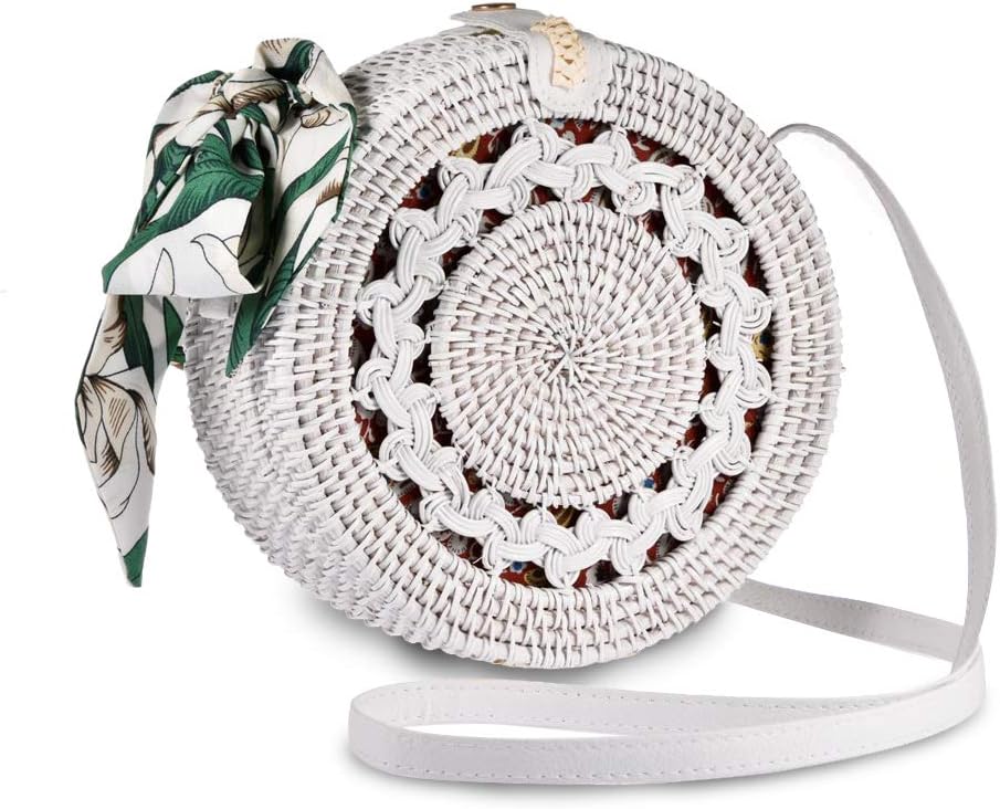 Rattan Bags for Women, Xmeng Straw Round Bali Ata Handbags Woven Circle Crossbody Wicker Purse Adjustable Strap Boho Bag
