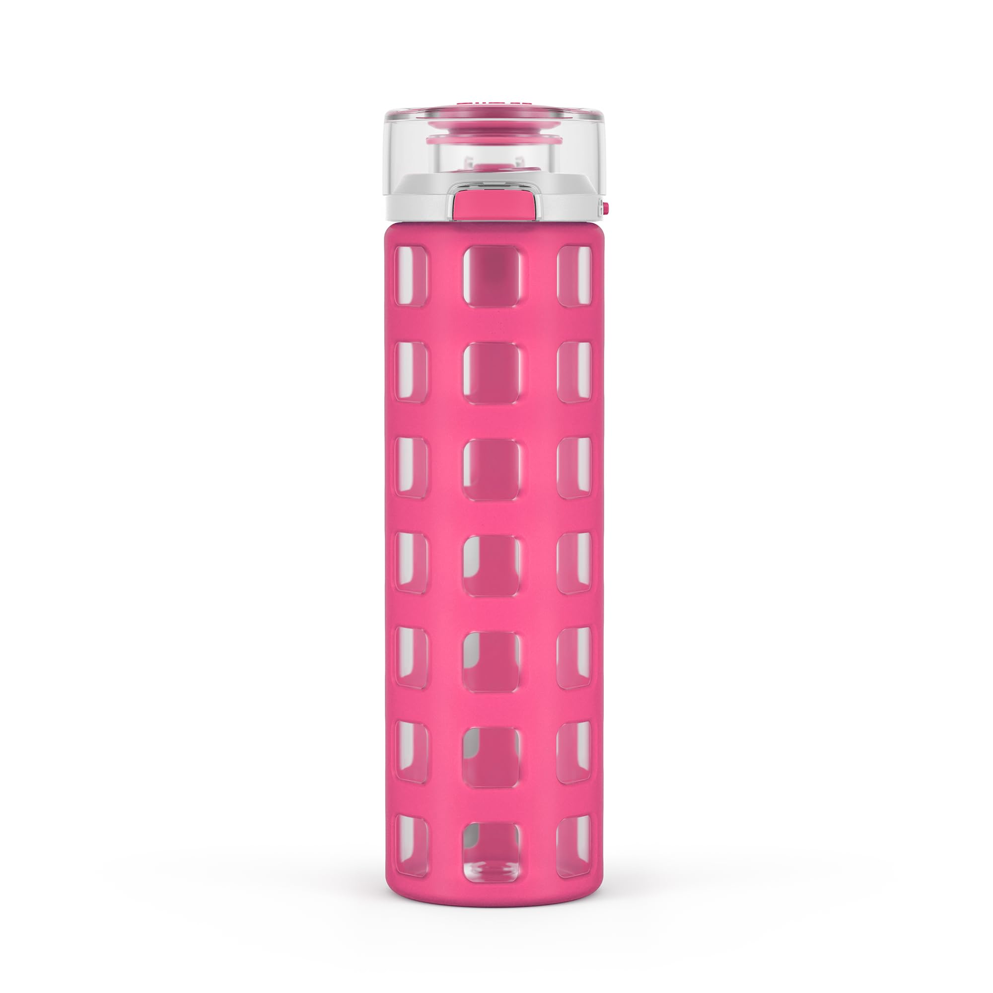 Photo 1 of Ello Syndicate 20oz Reusable Glass Water Bottle with One-Touch Leak Proof Flip Lid and Protective Non-Slip Silicone Sleeve and Carry Loop for Coffee, Tea and Water, BPA-free, Dishwasher Safe, Pink
