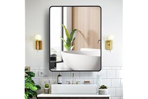 Movo 24 Inch x 30 Inch Black Metal Framed Bathroom Mirror Medicine Cabinet Rectangle Tilting Beveled Vanity Mirrors Recess or Surface Mount Installation