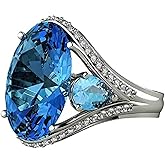925 Sterling Silver Women's Cocktail Ring Oval Cut Blue Gemstone Cubic Zirconia Anniversary Promise Ring CZ 3 Stone Eternity Cubic Zirconia Anniversary Wedding Engagement Wedding Ring CZC388