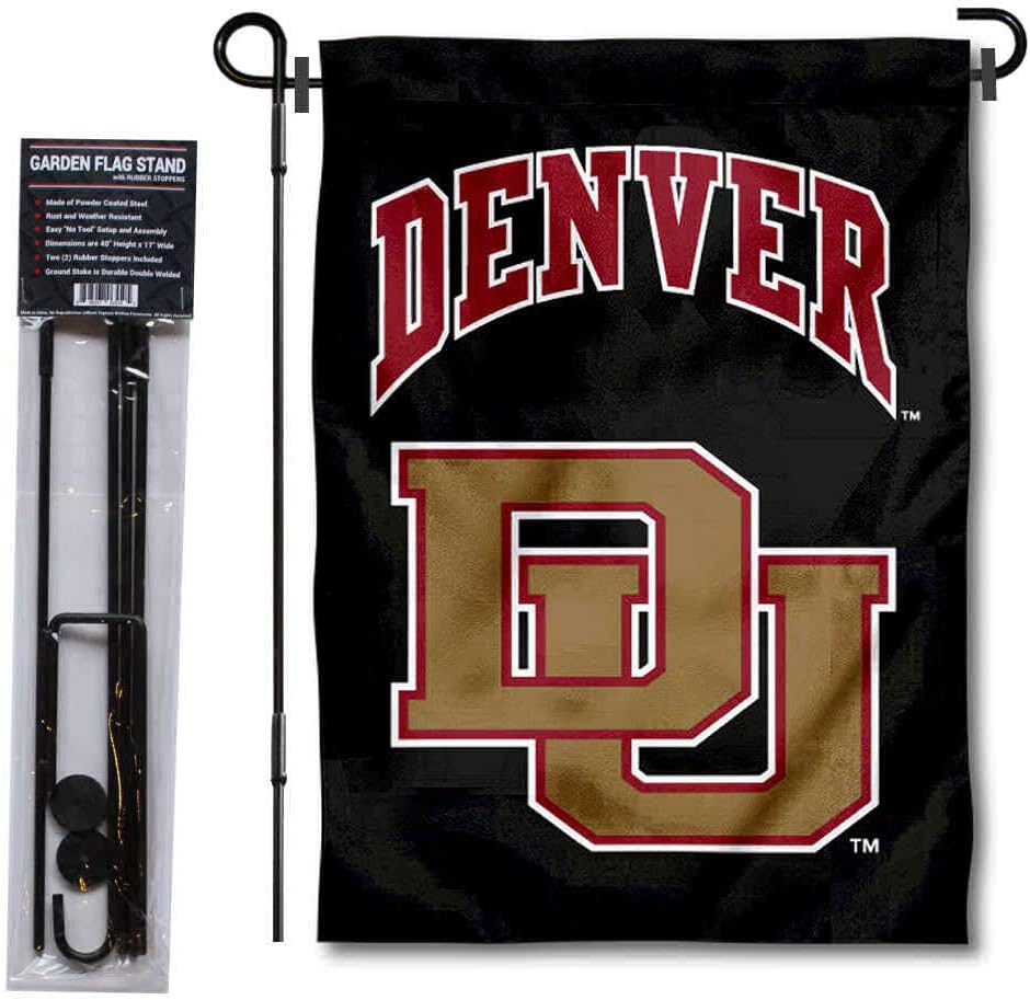 College Flags & Banners Co. Denver DU Pioneers Garden Flag and USA Flag Stand Pole Holder Set