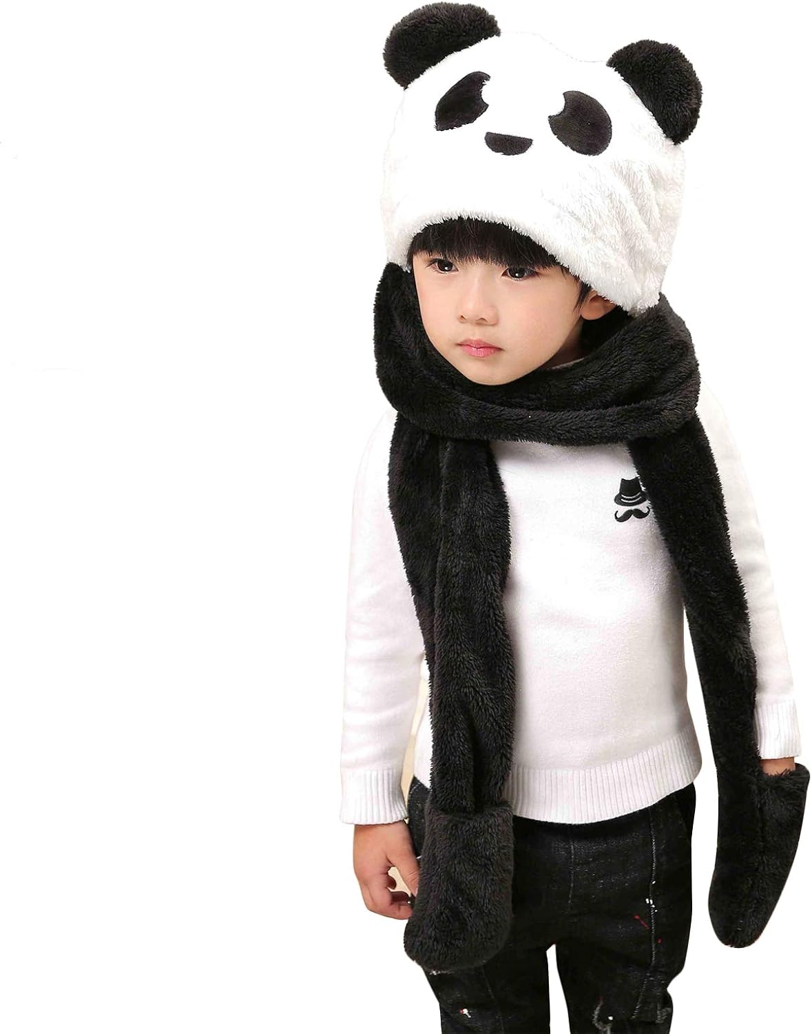 Kids 2 In 1 Hat Scarf Set Winter Plush Panda Full Hood Hats Crossbody Bag Warm Earflap Long Scarf Animal Hoodie Hat Shawl Wraps for Girls Boys 3-8 Years