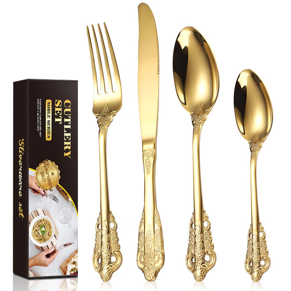 Gold Cutlery Set, Home Safety 24-Piece Flatware Set, Stainless Steel Mirror Polish Silverware Set Service for 6, Includes Table Knives, Forks, Spoons, with Gift Box (Classic Golden)