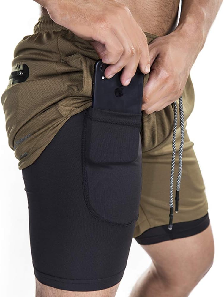 UWOODMen's 2-in-1 Bodybuilding Workout Shorts Lightweight Gym Training Short Running Athletic Jogger with Zipper Pockets Shorts