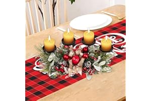 JOYWU Christmas Table Centerpiece with 3 Candle Trays,22 in Red Green Christmas Candle Holders with Xmas Baubles,Pine Cones,B