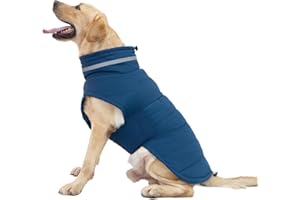 Mklhgty Waterproof Dog Coat for Large Dogs, Warm Dog Winter Jacket, Reflective Windproof Turtleneck Coats with Adjustable Hook & Loop - Blue - XL