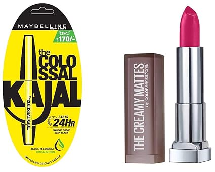 Maybelline New York Colossal Kajal, Black, 0.35g and Maybelline New York Color Sensational Creamy Matte Lipstick, 680 Mesmerizing Magenta, 3.9g