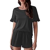 Ekouaer Womens 100% Cotton Pajamas Set Ruffle Sleeves Top and Short Soft Sleepwear 2 Piece Lounge Set with Pockets