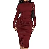 Ekaliy Women's Ruched Bodycon Midi Dress Mock Neck Long Sleeves Party Club Dresses