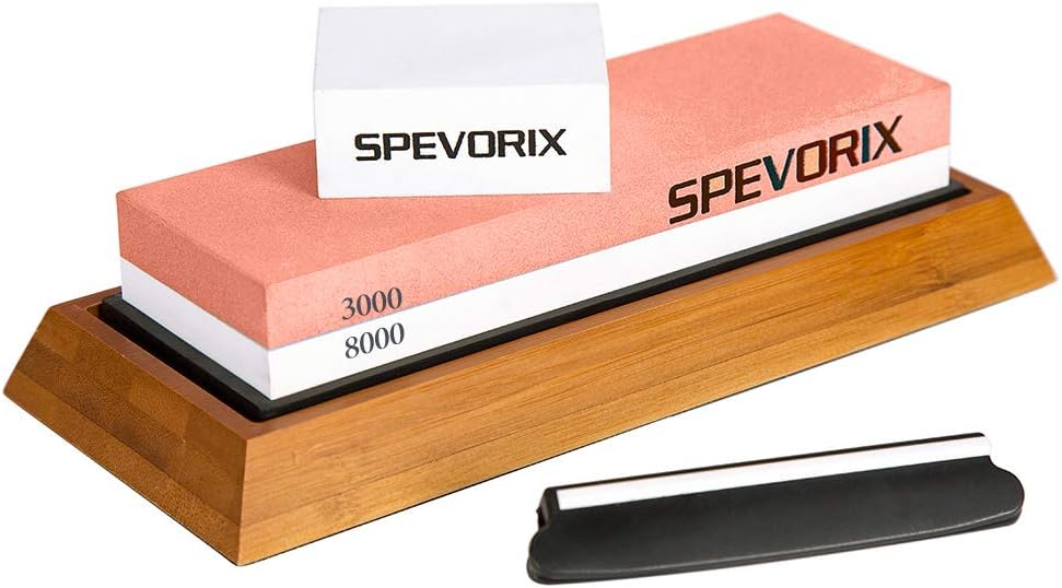 SPEVORIX Whetstone 2-in 1 Sharpening Stone 3000/8000 Grit Set with Wet Stone Flattening Stone Non-Slip Bamboo Base Rubber Holder and Angle Guide for Kitchen Outdoor Knives (whetsone)