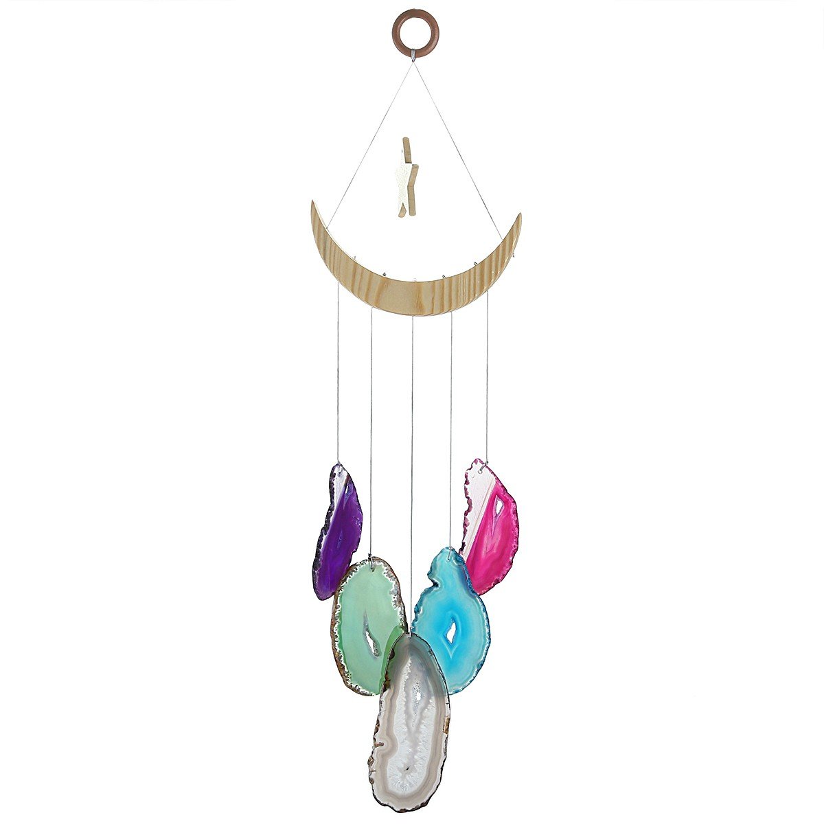 mookaitedecor Mixed Colour Agate Slice Crystal Wind Chime for Bedroom Porch Indoor Outdoor Decor, Star & Moon Healing Crystal Wall Art Hanging Ornament Reiki Wind Chime Gift Good Luck Feng Shui Decor