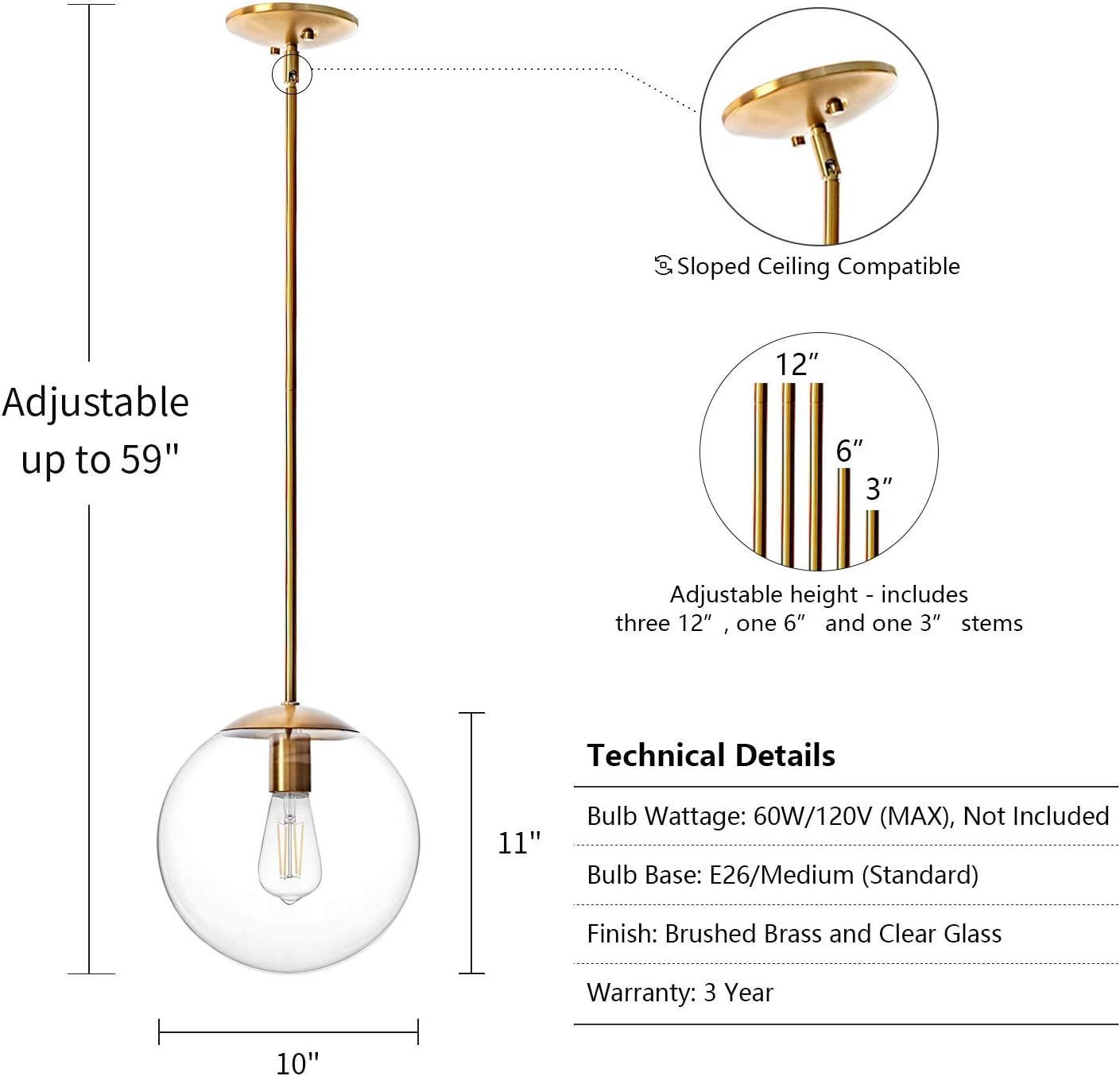 MOTINI Large Globe Pendant Light Fixture 10 Inch, Gold Brushed Brass with Clear Glass Shade, Single Ceiling Hanging Pendant Lighting for Kitchen Island Dining Room - - 