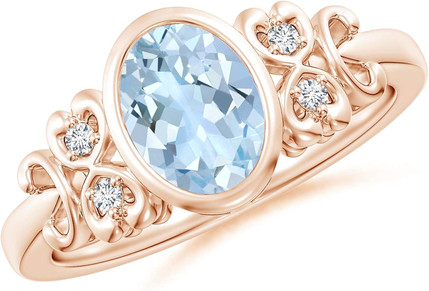 Vintage Style BezelSet Oval Aquamarine Ring with Diamonds in 14K Rose