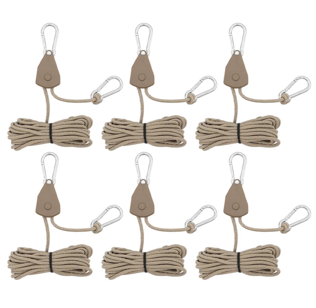 Kellegour 6 Pack Tent Guy Ropes with Pulley,4mm Reflective Cord Tent Guide Rope,Reflective Tent Guy Ropes,Tent Camping Cord with Pulley for Camping,Hiking,Tent,Tarpaulin,Awning (13.12ft/4m,Brown)