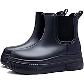 XHOGNLS Women's PVC Chunky Platform Ankle Rain Boots Waterproof Slip On Anti-slip Chelsea Boots Comfort Wide-leg Elastic Band Outdoor Rubber Garden Work Rain Boots For Yard Farm