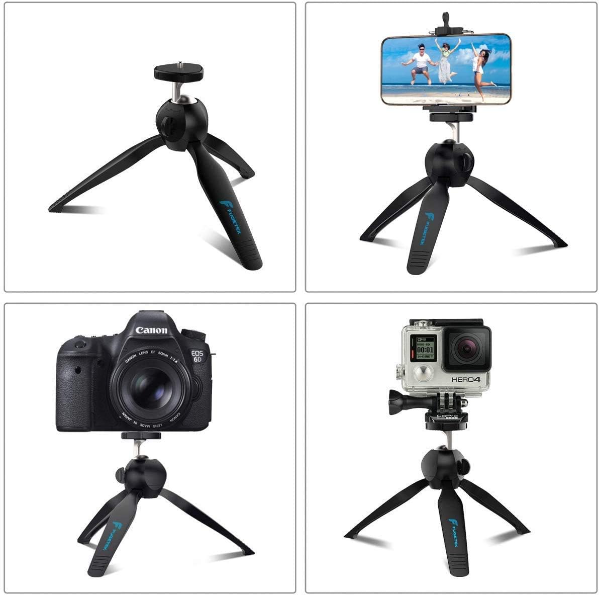 Fugetek Mini Tripod Table Top Stand and Phone Mount, Compact, Travel Ready, Use with FaceTime, Video Calls, Compatible with Gopro, Smartphones, iPhone, Samsung, Compact Cameras, DSLRs, Selfie Stick: Camera & Photo