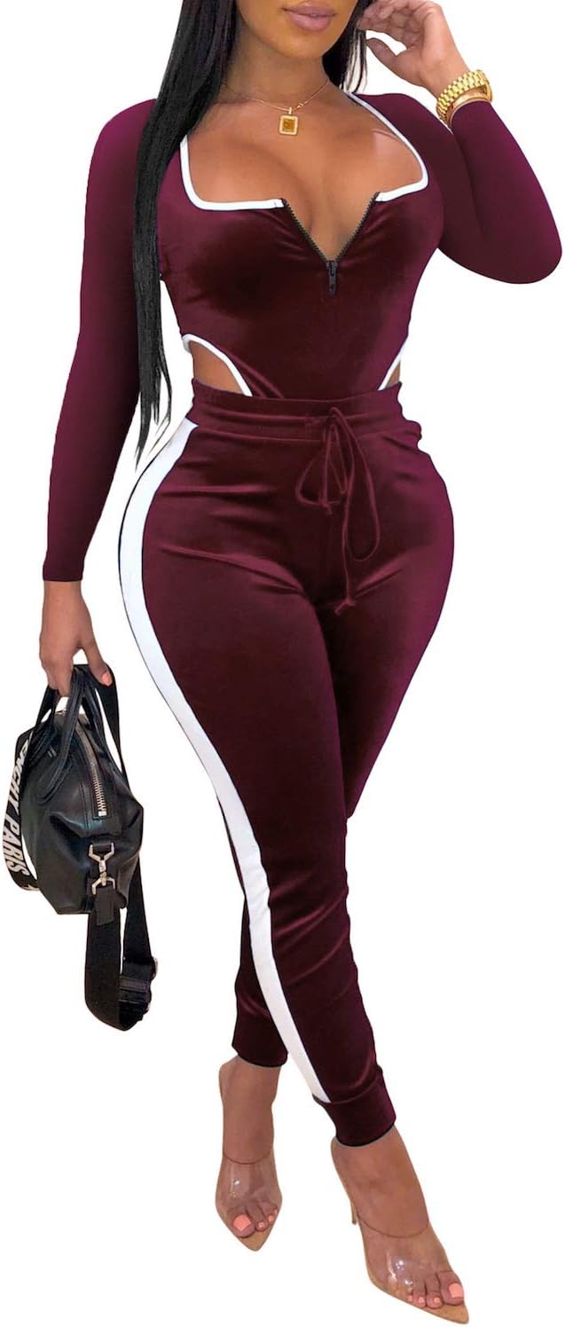 Women's Velvet Jumpsuits One Piece Sexy Clubwear Long Sleeve Bodycon Catsuits Rompers Red XL