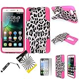 For Huawei Raven LTE H892L ITUFFY 3items: Screen Film+Stylus Pen+Dual Layer Impact Resistance Plastic Cover Soft Rubber KickStand Hybrid Case (Pink Leopard)