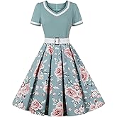 Women Short Sleeve 1950s Retro Vintage Cocktail Party Swing Dress Polka Dot Audrey Dress Casual A-Line Work Dress with Belt