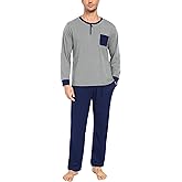 SWOMOG Mens Pajamas Set Long Sleeve Mens Sleepwear Pj Sets Henley Shirts and Pants Soft 2 Pcs Lounge Sets with Pockets