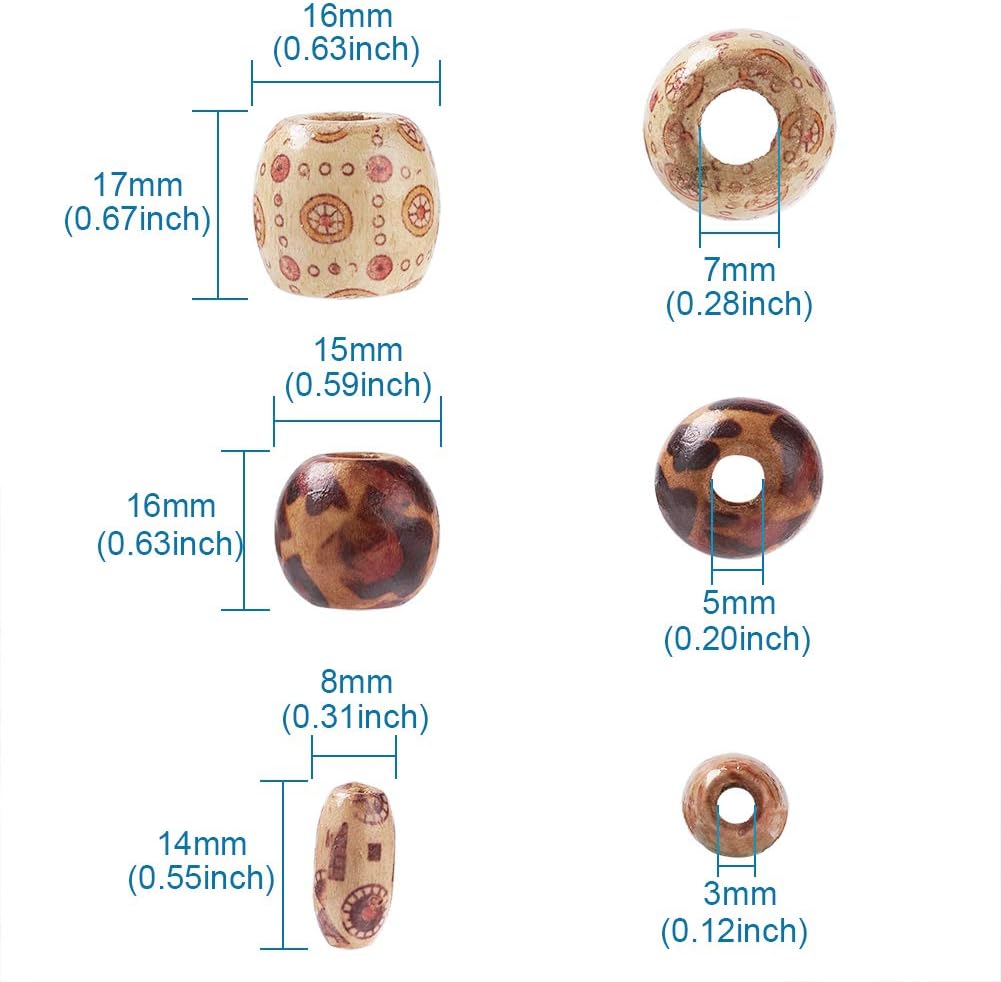 Pandahall 300pcs Printed Wood Beads - Round & Oval & Drum Shapes, Large Hole, Mixed Colors for Jewelry Making DIY Crafts - Image 5