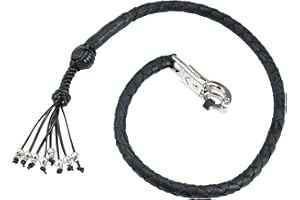 EXCELSIOR INTERNATIONAL 42" Motorcycle Get Back Whip Genuine Leather Biker Whip for Handlebar, Motorcycle Whip with Fringes and Skulls - Black