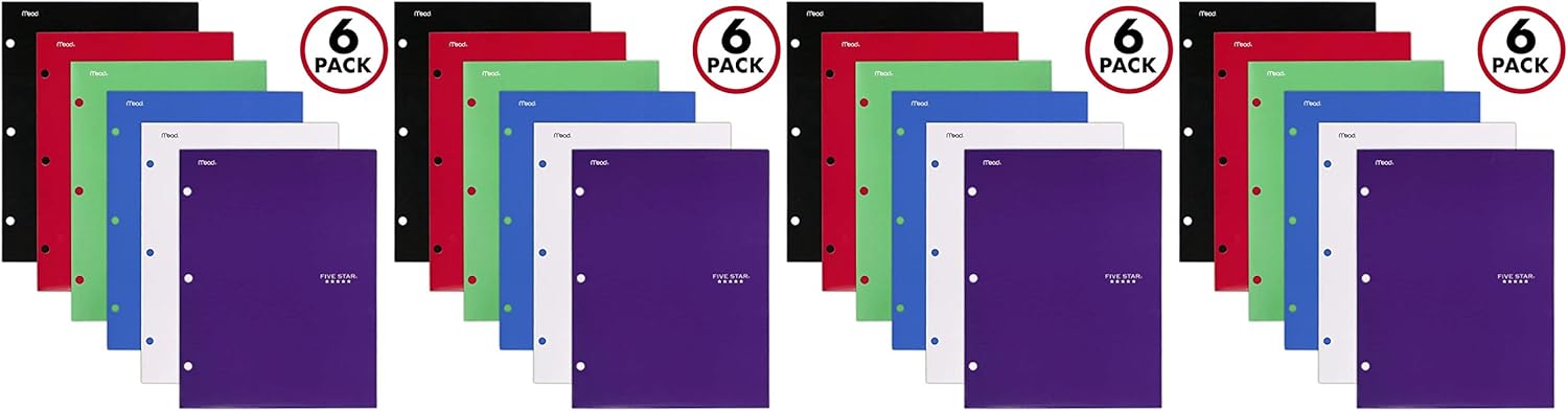Five Star 4 Pocket Folders, 2 Pocket Folders plus 2 additional Pockets, Assorted Colors, 6 Pack (38058) : Office Products