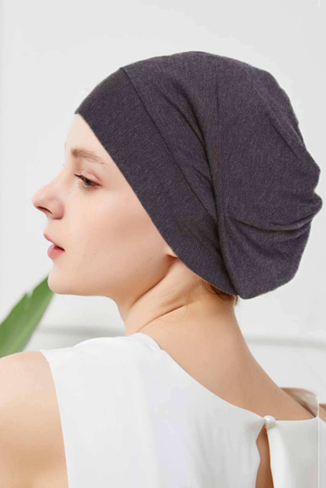 ELLEWIN Satin Lined Sleep Cap Frizzy Hair Slap Bonnet Baggy Slouchy Night Beanie Hat (A-Grey)