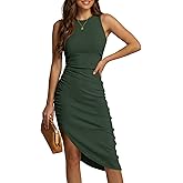 Wenrine Womens Summer Tank Dress Casual Sleeveless Ruched Bodycon High Slit Party Club Beach Midi Sundress
